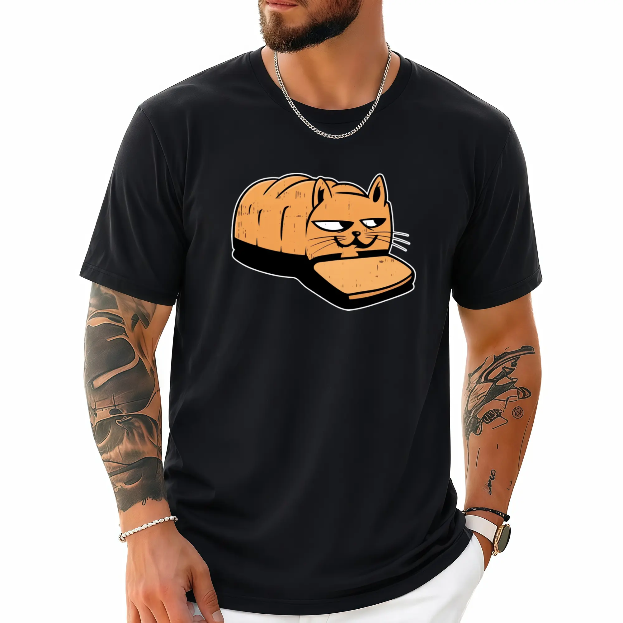 Fun Cat-on-Toast Costume T-Shirt – "Bread Kitten" Outfit | 100% Cotton Short-Sleeve Crew Neck Tee | Ideal for Casual Cosplay & Theme Parties (Suitable for Year-Round Wear)