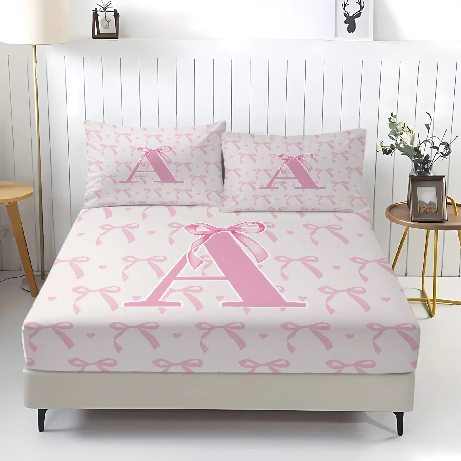 Personalized Monogram Bow Fitted Sheet Set, Custom Initial Pink Bow Print Bedding (All Letters A-Z), 1 Fitted Sheet with 2 Pillowcases for Bedroom, Dorm & Guest Room