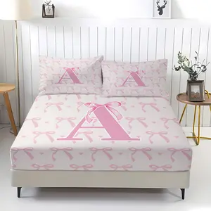Personalized Monogram Bow Fitted Sheet Set, Custom Initial Pink Bow Print Bedding (All Letters A-Z), 1 Fitted Sheet with 2 Pillowcases for Bedroom, Dorm & Guest Room