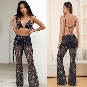 Summer vacation beach outfit: 4-Piece Polka Dot Swim & Sheer Flare Pant Set