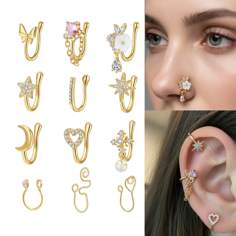 CZ Rhinestone Fake Nose Rings Hoops Set, Secure Adjustable Non-Piercing Clip-On Body Jewelry for Festivals & Daily Wear, Silver-Gold-Pink Colors, Fake Piercings