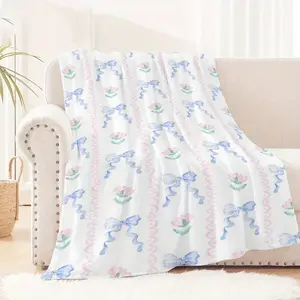 Super Soft Flannel Throw Blanket - 280GSM Plush Polyester, Pastel Bows & Florals Print | All-Season Cozy for Sofa, Bed, Camping & Travel | Machine Washable Retro Home Decor with Whimsical Pattern