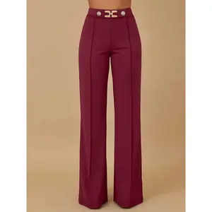 Elegant High-Waisted Women'S Solid Color Pants - Slim Fit, Elastic And Blend, Machine Washable, Solid Color Metal Chain Decoration, Suitable for Various Occasions, Suitable for All Seasons Medium Knit Womenswear
