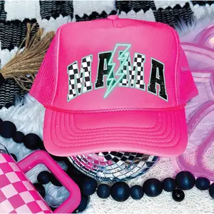 Mama Checkered Bolt Neon Pink Unisex FoamTrucker Hat