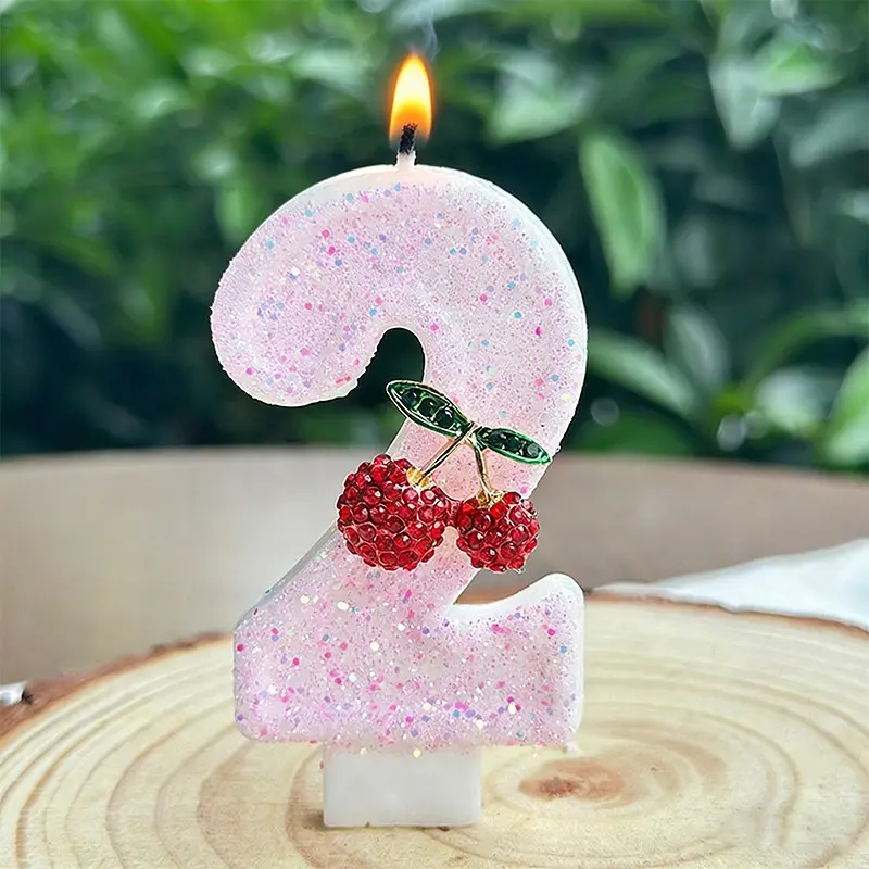 1pc Cherry birthday cake candles, glitter number candle Glitter Effect cake decorations Cake Decorating Supplies Ornaments for anniversaries Weddings and Parties, handmade creative birthday candles