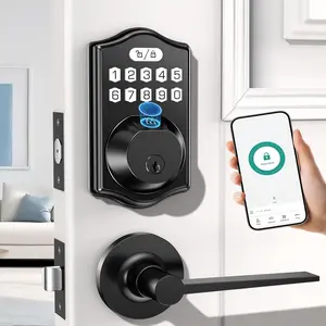 keyless Entry Door Lock deadbolt with Handle Set- Front Door Fingerprint  Locks with 2 Lever Handles-Keypad Code Deadbolt -App Control,Auto Lock,Easy to Install