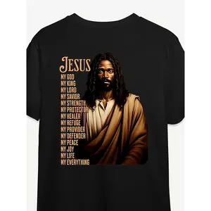 Black T-Shirt Stylish JESUS Long Hair Illustration Embellished with Golden-Brown Religious Titles Casual Crew Neck Design Ideal for Faith-Inspired Events Gifts for Friends and Family