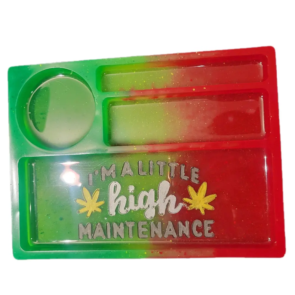 Custom Resin Art Tray Plates - Green Red Design with 'I'm a Little High Maintenance' Text and Cannabis Leaf Graphics