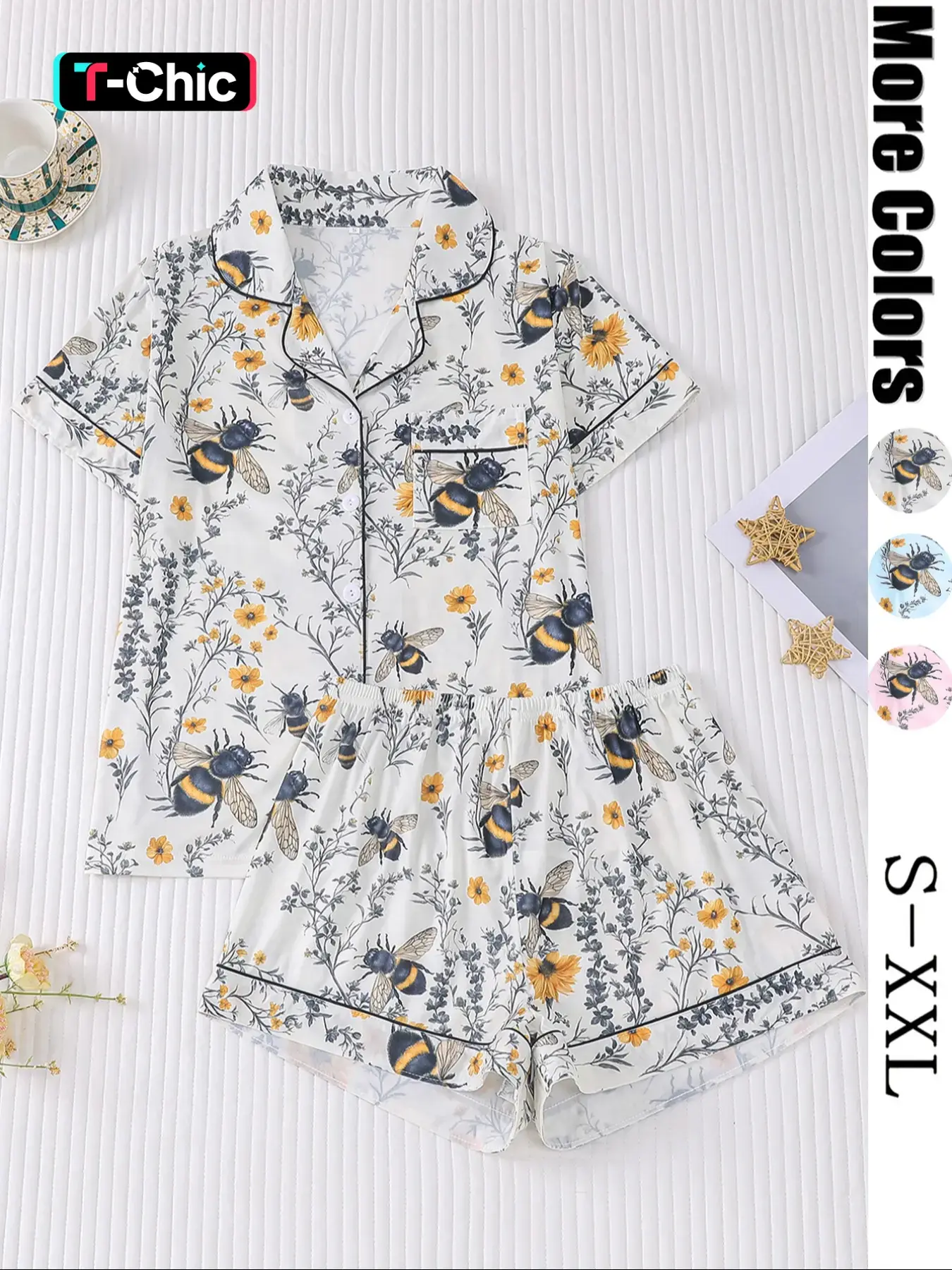 Women's All Over Plants & Bee Print Short Sleeve Pajama Two-piece Set, Loungewear, Elegant Casual Comfy Button Front Pocket Design Lapel Neck Top & Elastic Waist Shorts PJ Set, Ladies Sleepwear for All Seasons