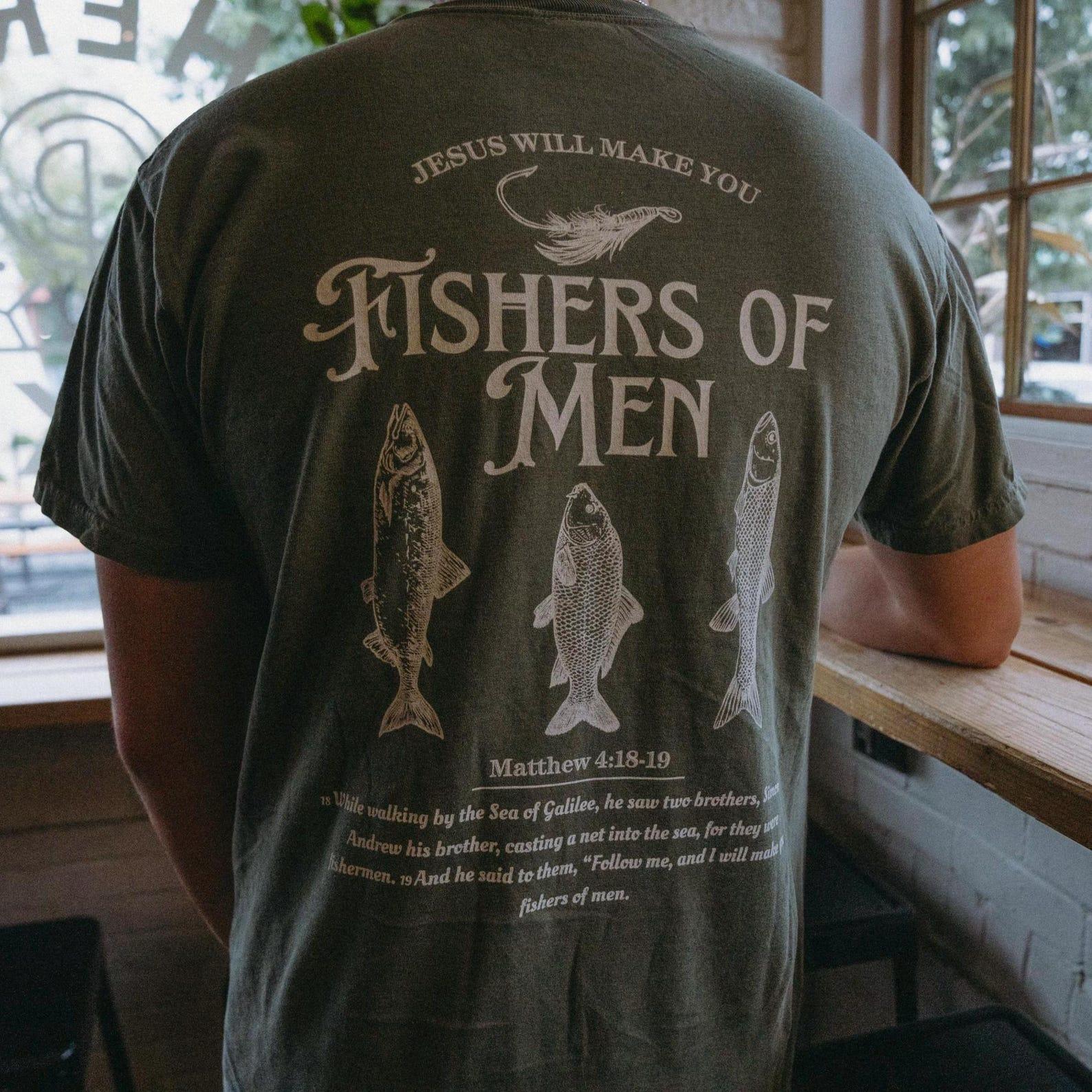 Comfort Colors Fishers of Men Tee, Christian T-shirt, Outdoors Faith Shirt, Jesus Tee, Bible Verse Matthew 4:19, Father’s Day Gift for Him