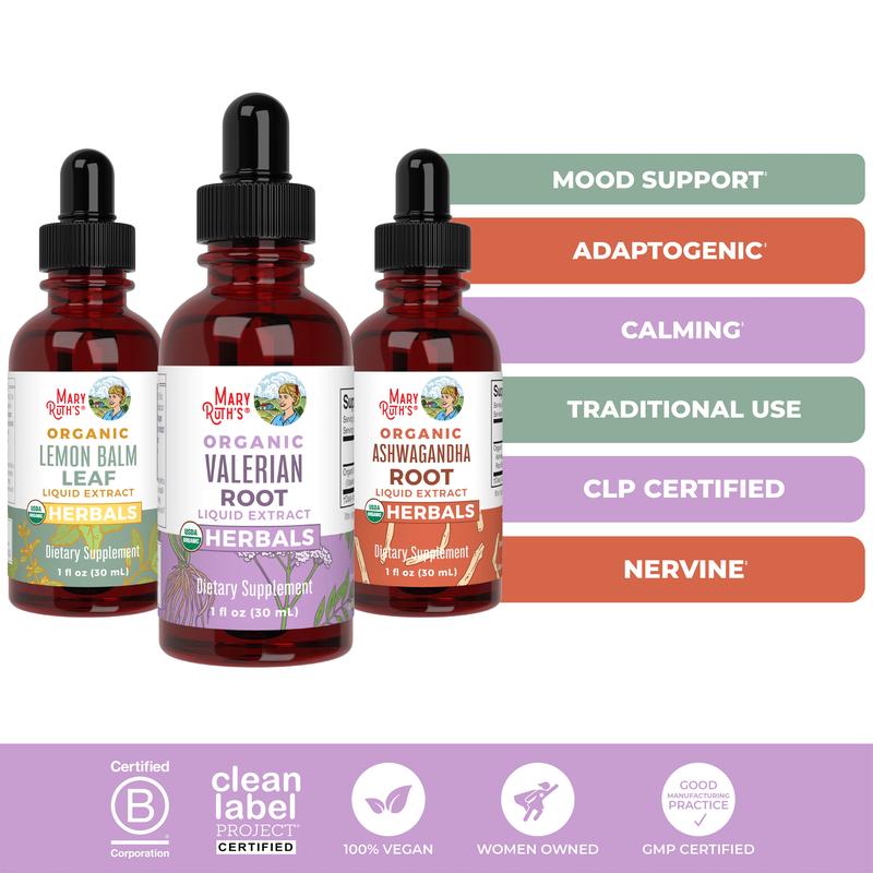 MaryRuth's Nervine Herbal Calm Bundle – Lemon Balm Leaf Liquid Drops 1 oz – Ashwagandha Root Liquid Drops 1 oz - Valerian Root Liquid Drops 1 oz