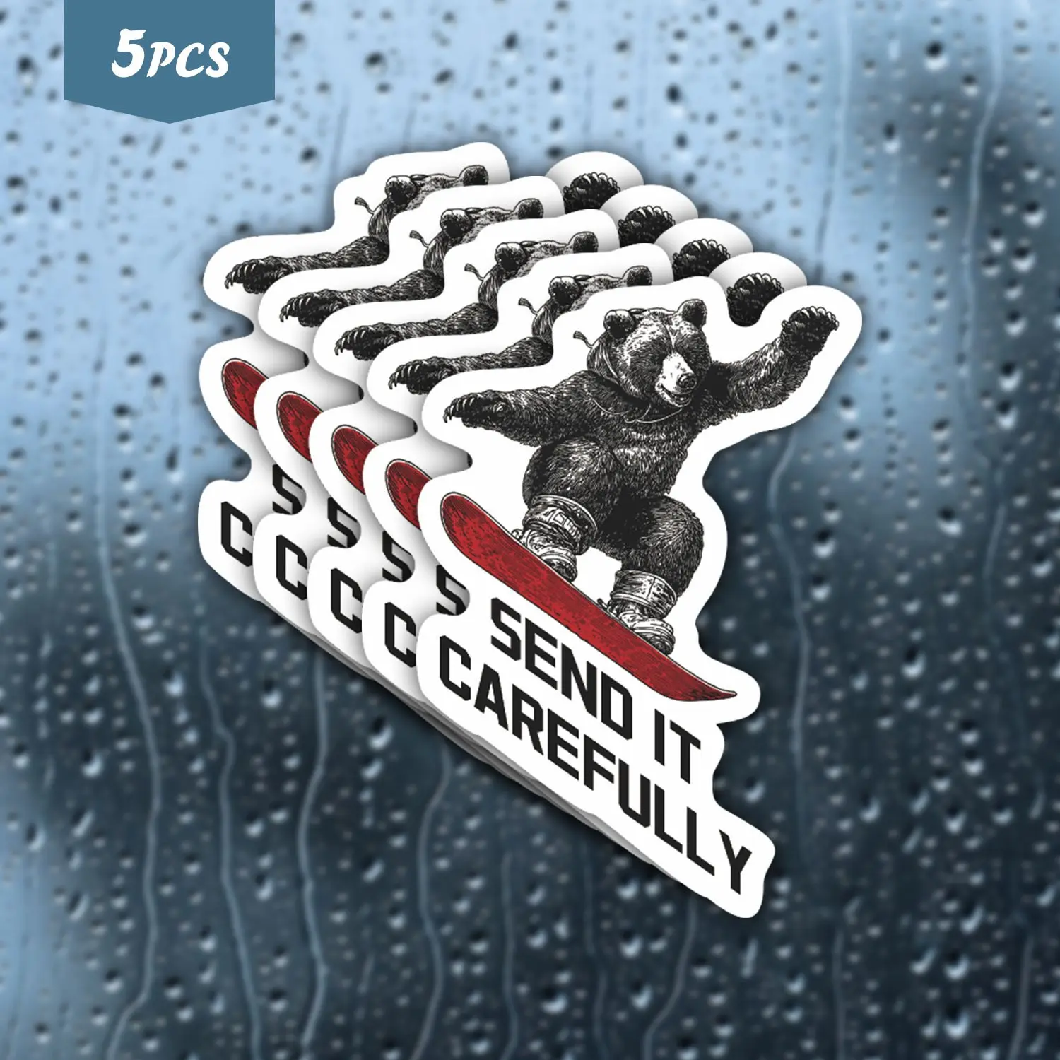 5Pcs Snowboarding Bear "Send It Carefully" Waterproof Vinyl Sticker, Self-Adhesive Single-Use Decal, Suitable For Water Bottles, Laptops, Cars, Tablets And More, Ideal For Bear, Snowboard Vibe And Adventure Enthusiasts