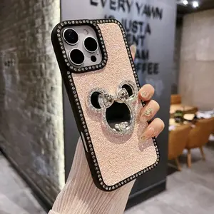 New Women's Touch-Up Mirror Compatible With iPhone 17 16 15 14 Plus 13 12 11 Pro Max with Rhinestone Case
