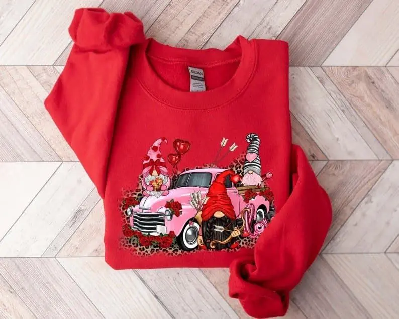 [Sale Up To 50%] Valentine Gnome Sweatshirt, Love Gnome Sweatshirt, Valentines Day Shirt, Couple Shirt, Gift for Her, Leopard Love Shirt, streetwear graphic tee