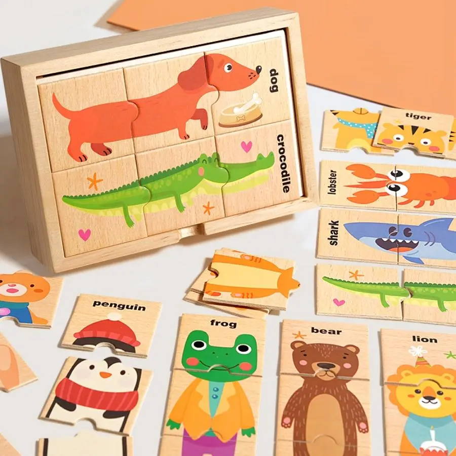 Cartoon Animal Shape Matching Puzzle Toy, 1 Set Wooden Jigsaw Game, Early Education English Word Cognition Puzzle Board, Shape Recognition Puzzles for Kids, Creative Puzzle