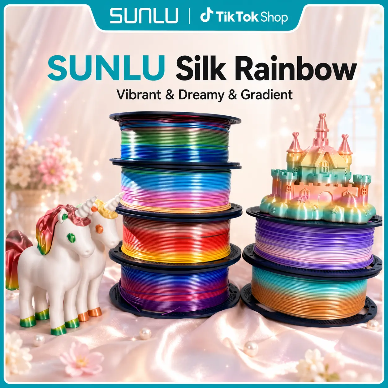 SUNLU SILK 3D Printing Filament Rainbow Set - 1.75mm Gradient Colors with Natural Transitions, 0.02mm Precision, Smooth Layers, High Adhesion, Neatly Wound for Non-AMS Printers, Beginner-Friendly Supply for Kids' Artistic Decorations