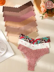 10 Pcs Seamless Wave Edge Women's Triangle Panties, Multi-Color Print Low Waist Comfortable Breathable Daily Underwear