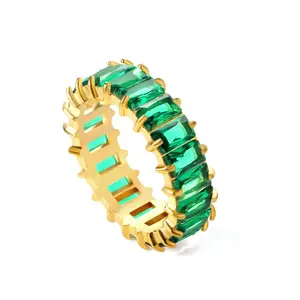 Lotus Stainless Steel 18k Gold Plates in Zirconia and Emerald Ring
