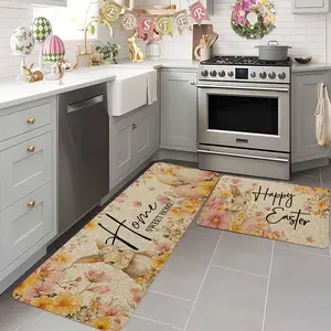 2pc/3pc Easter Kitchen Carpet Set with Bunny and Colorful Egg Designs, Spring Home Decor Floor Mats for Cooking and Holiday Parties, Happy Easter
