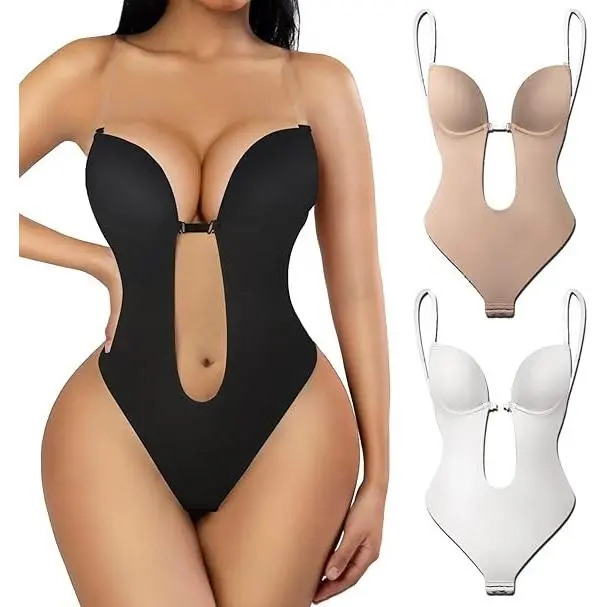 1PC/2PC Women's Backless U-Plunge Thong Bodysuit Shapewear - Underwired Deep V Push-Up Built-In Bra, Invisible Low-Back Body Shaper for Party, Wedding Dress Womenswear Elastic Fabric Fits