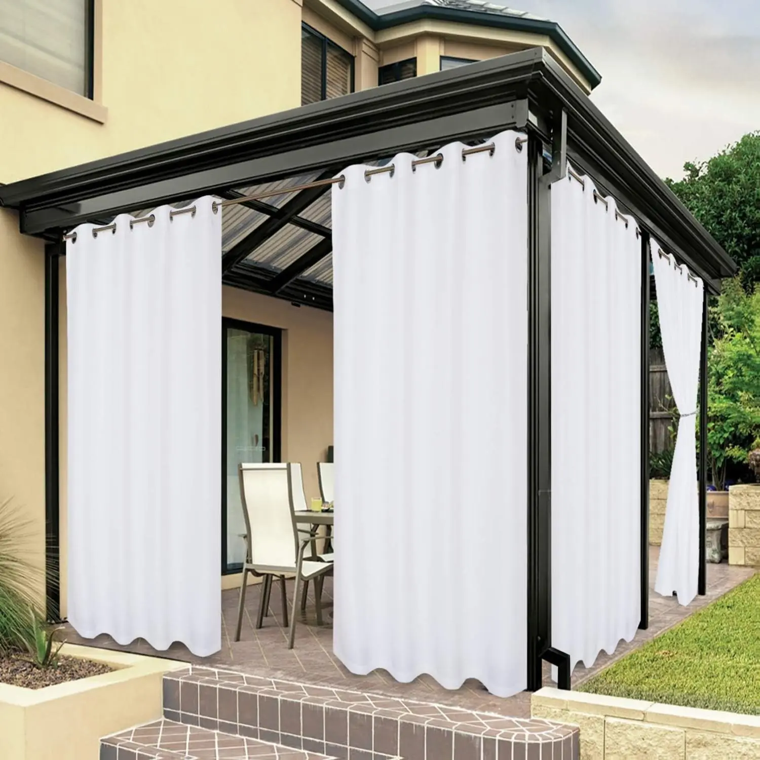Premium Thick White Solid Modern Outdoor Curtain Drape - 1 Panel (54W x 84L in), Waterproof Polyester, Rust-Proof Stainless Steel Grommets, Machine Washable, Tumble Dry Low for Patio, Gazebos