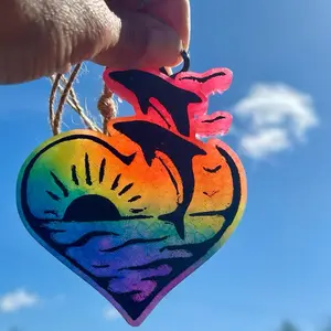 Cute Car Air Freshener - Vibrant Neon Dolphin Sunset Car Freshie | Fruity Citrus Scent | Cute Car Accessory | Home & Office Decor | Rainbow Beachy Air Freshener