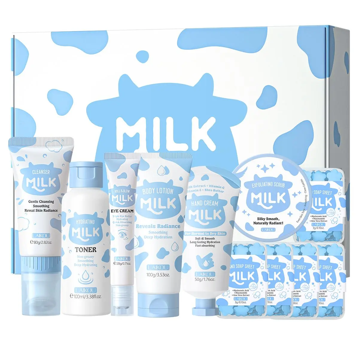 Milk Skin Care Gift Box, 1 Hydration Set Refreshing Hydrating Moisturizing Facial Cleanser & Toner & Eye Cream & Scrub & Body Lotion & Soap & Hand Cream, Skin Care Kit for Women