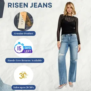 RISEN Full Size Mid Rise Fit Wide Baggy Leg Tie Washed Jeans Plus Size