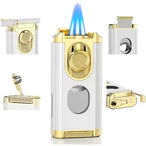 5-in-1 Lighter with Triple Jet, Straight Tool, Holder,, Draw Enhancer Tool, Windproof Lighters, Refillable Butane Lighters with Gift Box, Lighters for Men, Candle
