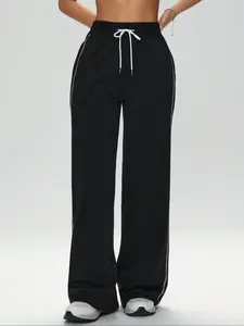 Women's Waffle Knit Loose Straight Leg Drawstring Waist Colorblock Simple Fitness Sport Pants, 1 Piece, Casual Gym Wear, Athleisure Style Sports Bottoms