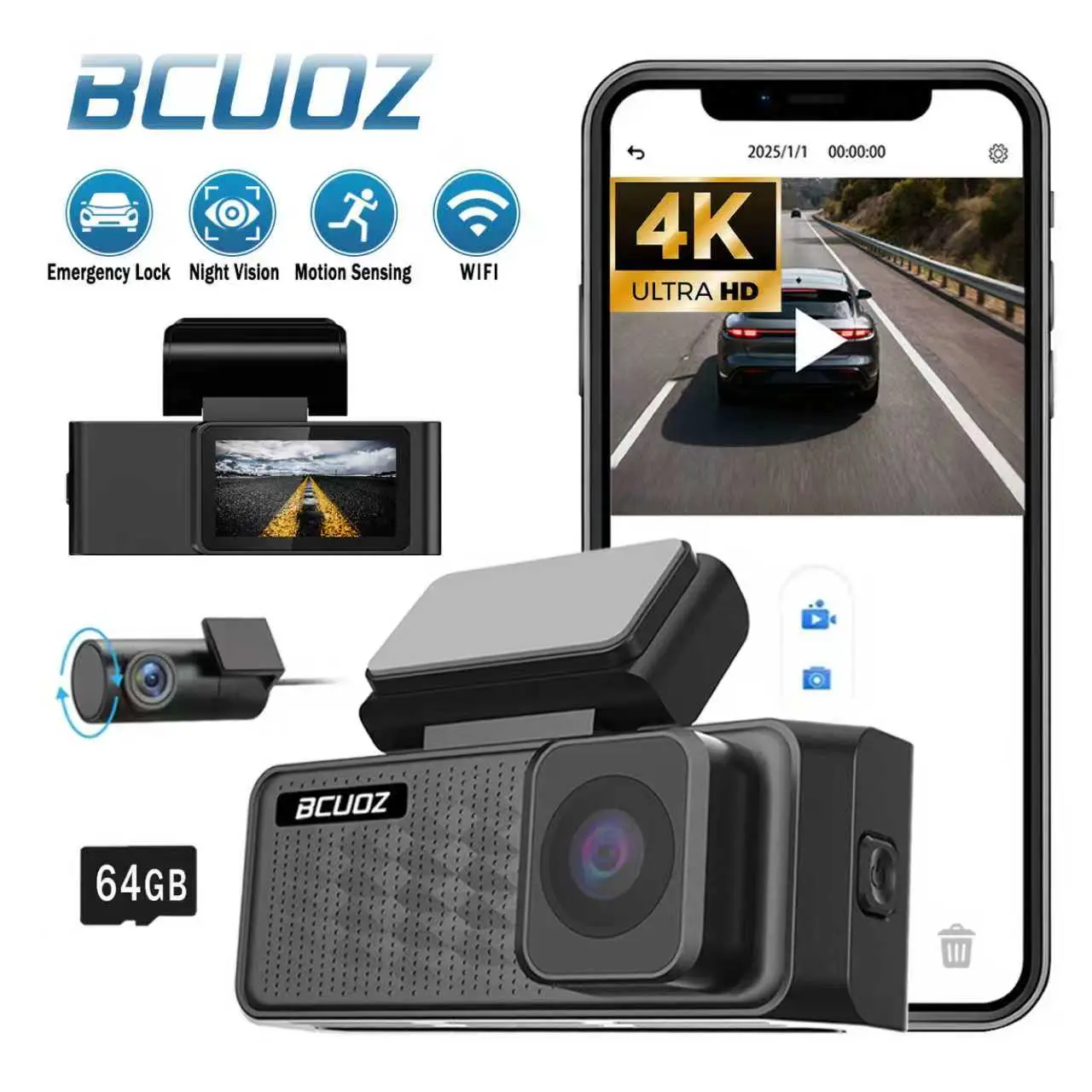 BCUOZ Dash Cam Front Rear, 4K/2.5K Full HD Dash Camera for Cars, Included 64GB Card, Built-in Wi-Fi GPS,  Night Vision, 170°Wide Angle, WDR, 24H Parking Mode