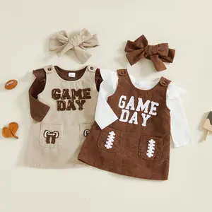 Kids Toddler Newborn Baby Girls Fall Outfit GAME DAY Embroidery Long Sleeve Romper Overall Dress and Headband  3Pcs Cute Clothes