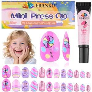 EBANKU 24 Pieces Press on Nails Kids, Almond for Fake Nail Candy Press on Nail Short Artificial False Nail Kits with Nail Glue for Girls