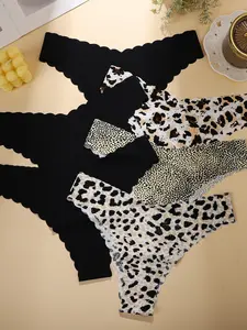 6 Pack Sexy Leopard Print Wave Edge Seamless Design Thongs Panties for Women, Ice Silk Breathable No Roll Comfortable Skin-Friendly Underwear