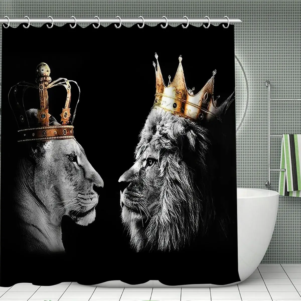Bathroom Accessories, 4 Counts Lion Pattern Shower Curtain & Non-slip Bath Mat & U-shaped Commode Contour Rug & Toilet Lid Mat Set/Only 1 Count Shower