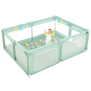 BIOBY Portable Baby Playpen, 74" x 50" x 26" Extra Large Playard, Soft Mesh Sturdy Pipe Ample Space for abies and Toddler, Safe and Non-Slip Baby Fence, Full Mesh Design, Indoor & Outdoor Kids Activity Center, Portable Travel Design, Green
