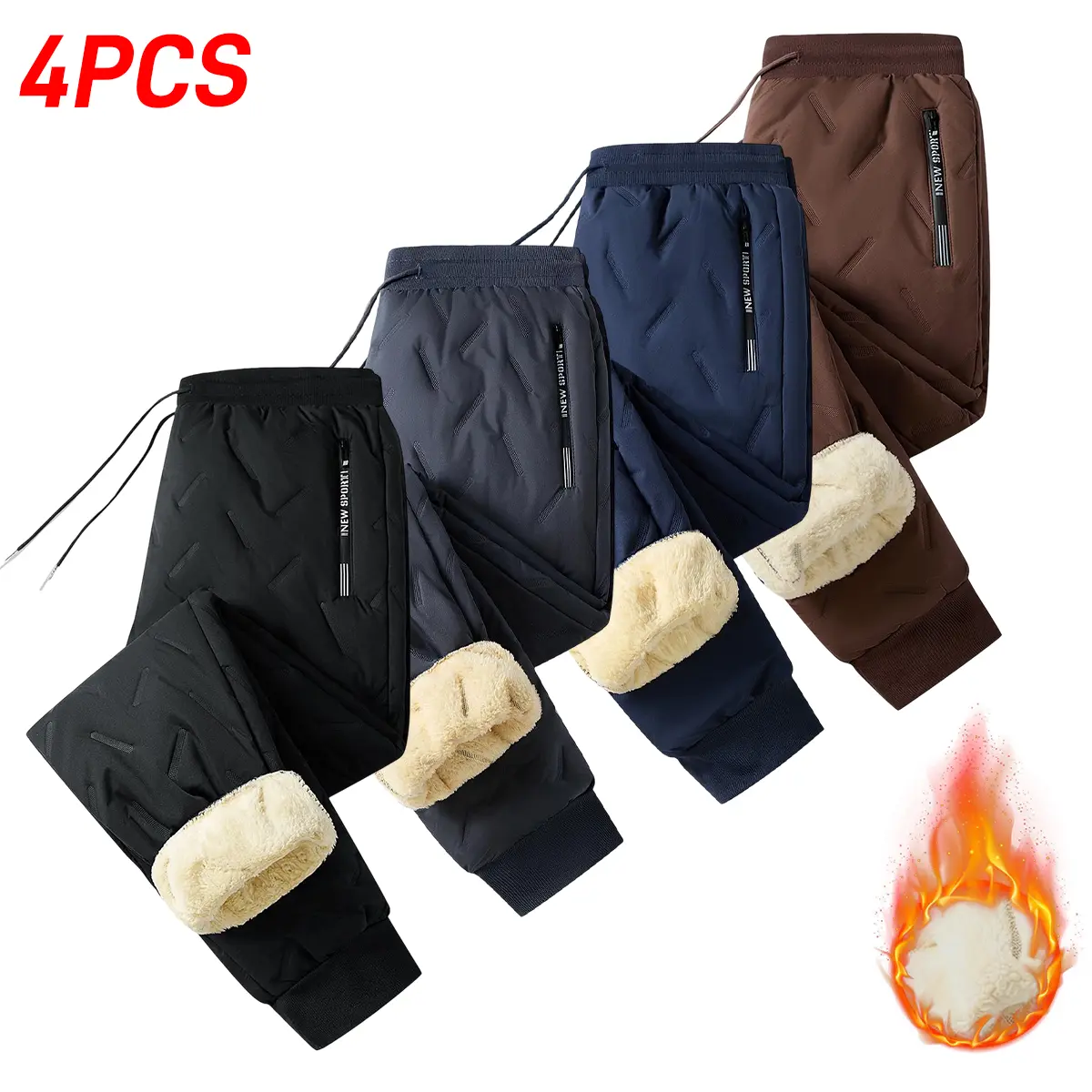 JOGWAVE Men’s Heavyweight Polyester Plain Fleece-Lined Warm Athletic Joggers, 4-Pack, Street Style, Loose Fit, Cuffed Straight-Leg Pants for Autumn/Winter, TikTok Shop Everyday Wear with Enhanced Warmth
