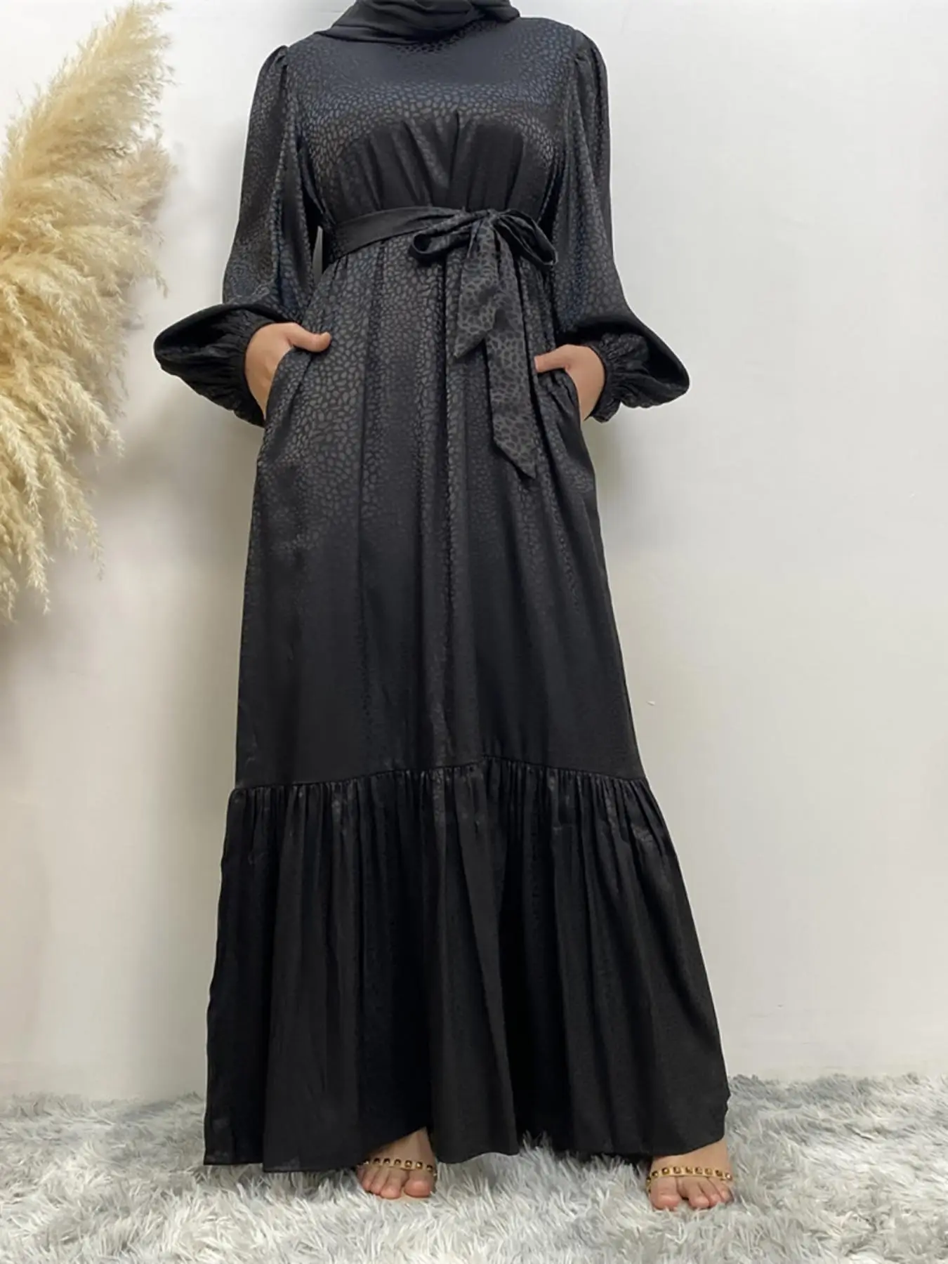 Women's Solid Belted Ruffle Hem Bishop Sleeve Dress, Modest Long Sleeve Maxi Dress for Spring & Fall, Women's Islamic Clothing for Daily Wear