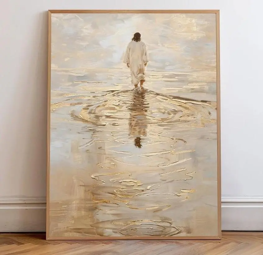 Jesus Christ Walking on Water Poster, Christian Art, Jesus Portrait, I Will Walk With Christ LDS, Jesus Oil Painting, Bible Verse Wall Art No Frame Poster