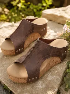 Women's Wedge Sandals, Open-Toe Summer Shoes, Cork Thick Sole Platform Slippers, Rivet Slip-On, Ideal for Casual, Travel, Beach, Daily Wear, Footwear