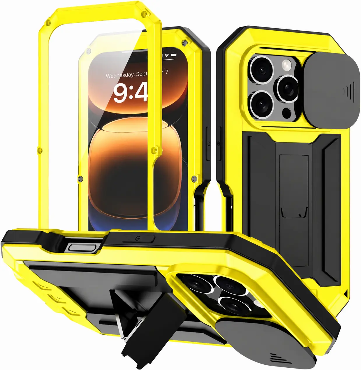 For iPhone 16 Pro Max 15 14 13 Pro Aluminum Metal Heavy Duty Case Slide Camera Cover Stand Holder Kickstand Built-in Gorilla Screen Protector Kickstand Full Body Military Rugged Sturdy Armour Shockproof Dorp Test Protective Dustproof Full Body Screws Case
