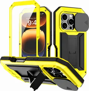 For iPhone 16 Pro Max 15 14 13 Pro Aluminum Metal Heavy Duty Case Slide Camera Cover Stand Holder Kickstand Built-in Gorilla Screen Protector Kickstand Full Body Military Rugged Sturdy Armour Shockproof Dorp Test Protective Dustproof Full Body Screws Case