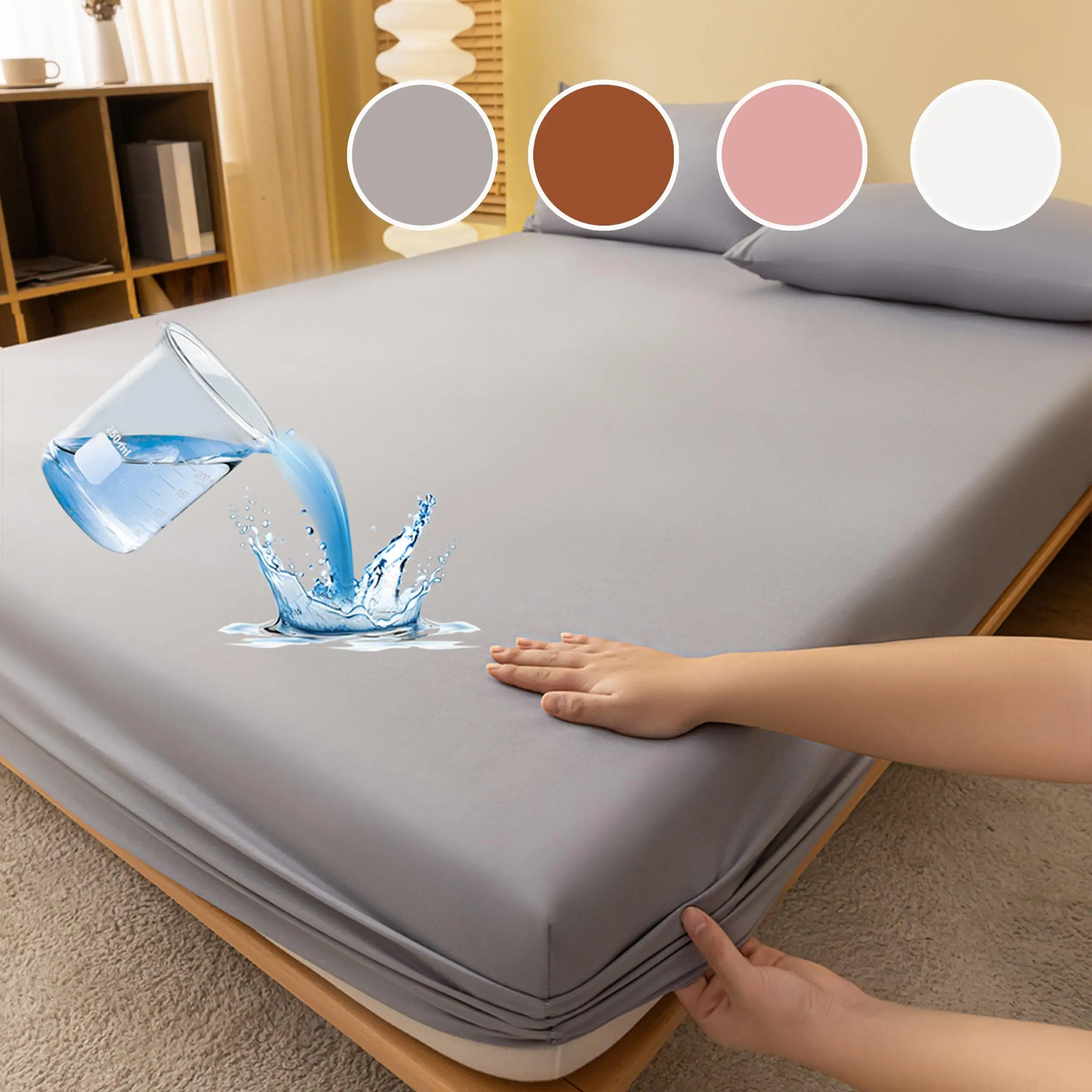 Solid Color Waterproof Fitted Sheet, 1 Count Soft Comfortable Dust Cover with Elastic Rubber Band, Bedding Supplies for Home Hotel Dormitory, Solid Bed Sheets, Hotel Quality Sheets, Soft Comfy Bedding