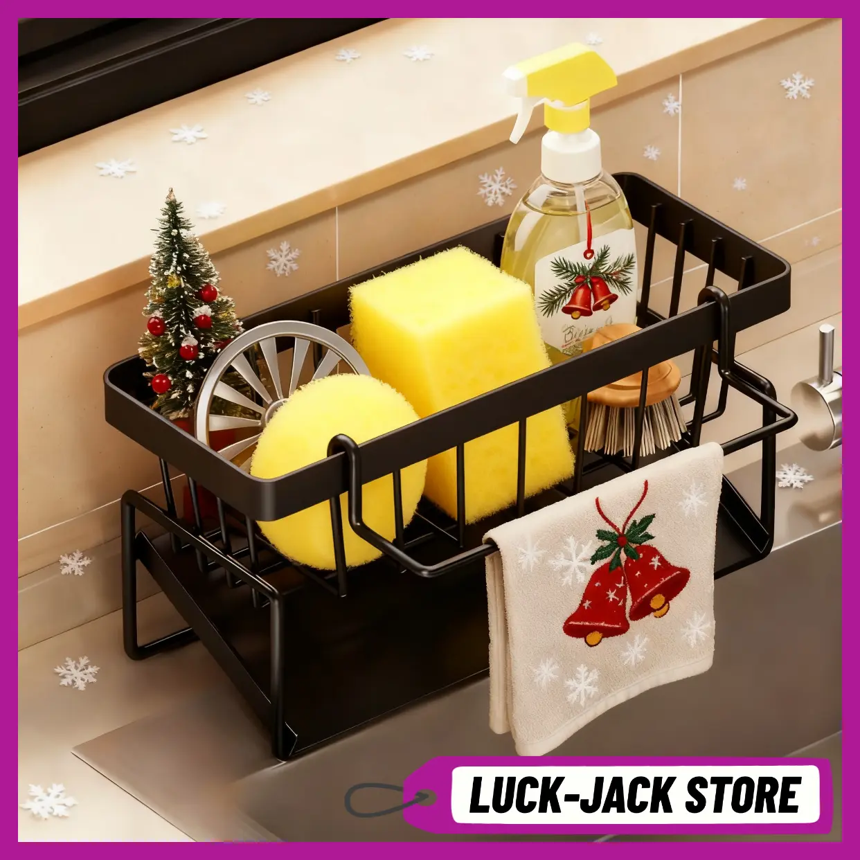 Multifunctional Rustproof Rust-Resistant Stainless Steel Kitchen Sink Organizer Rack - Black Sink Accessories with Divided Sponge Holder, Tall Brush Holder, Dish Soap Dispenser & Storage Racks