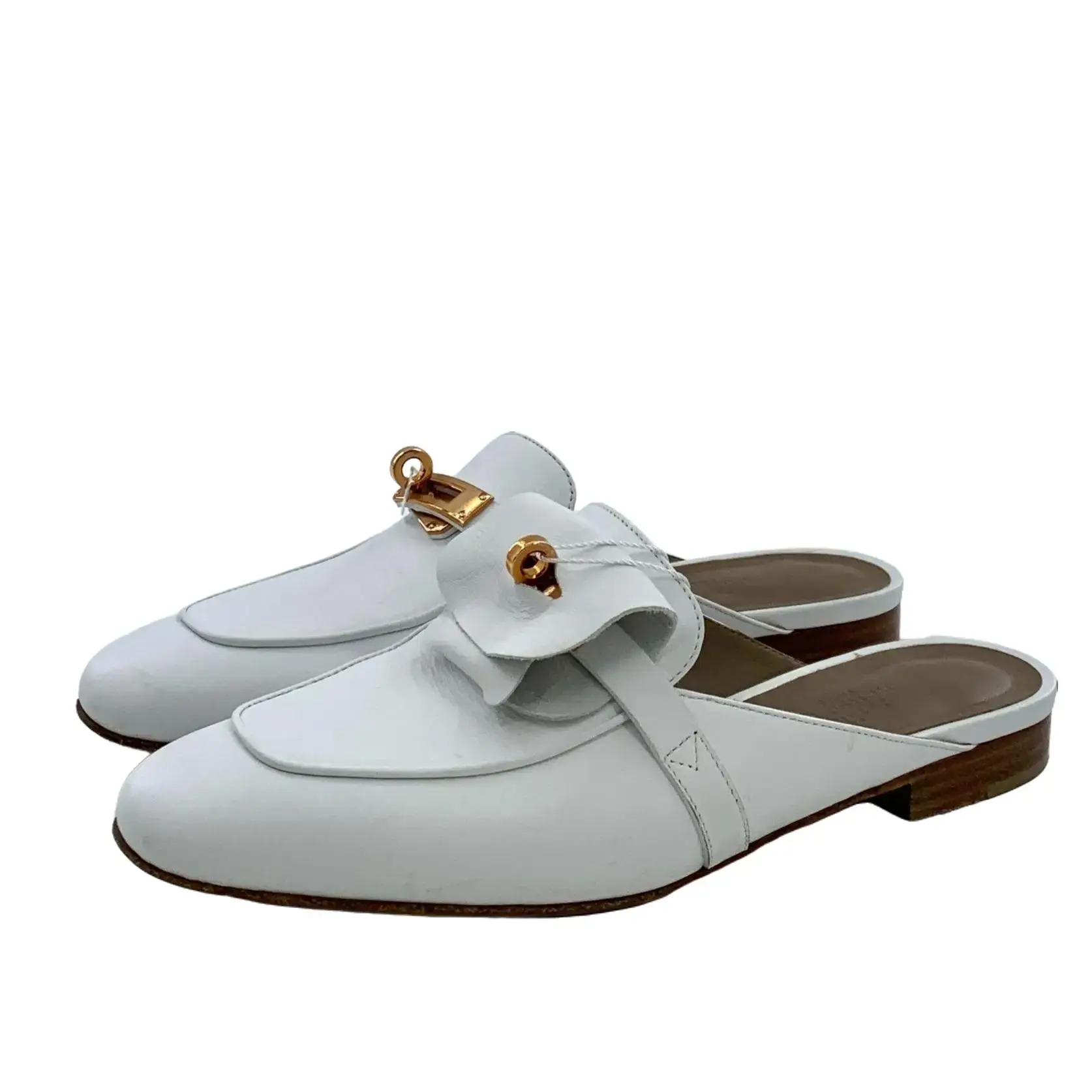 RDLT-Hermes Size 37 White Kelly Gold Buckle Casual Flat Mules-X35308