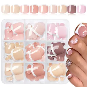 Short French Tip Toenail Press On False Nails, 1 Box Glossy Square Fake Toe Nails, Full Cover Soft Gel Press on Nails, Soak Off Press on Toenails
