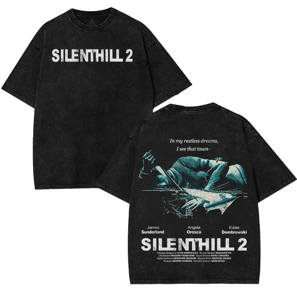 Silent Hill 2 v2 horror Game Washed Tshirt 2 Sided Cotton unisex graphic game movie merch Menswear Tee Retro Black Gaming Vintage streetwear Top