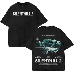 Silent Hill 2 v2 horror Game Washed Tshirt 2 Sided Cotton unisex graphic game movie merch Menswear Tee Retro Black Gaming Vintage streetwear Top