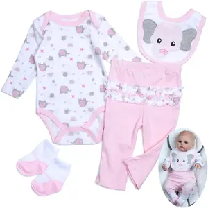 4 pcs Reborn Baby Doll Clothes Set Fit 17-22 Inch Newborn Baby Dolls Clothes Pink Elephant Stars with Bodysuit Bib Socks Girl