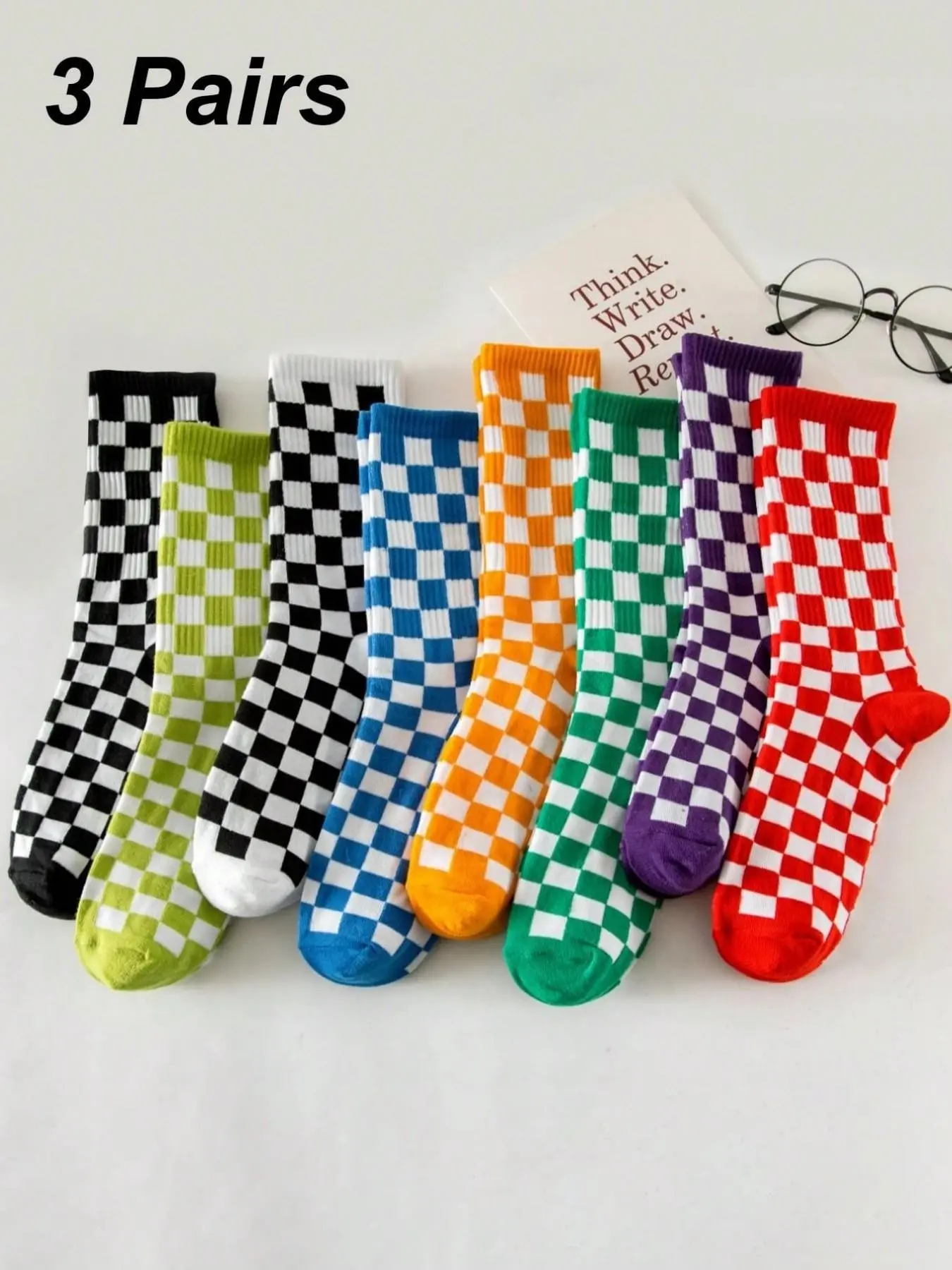 Women's Multi-Color Mid-Calf Socks, Fun Fashion Knit Checkered Pattern, Soft Comfortable Breathable, Ideal for Daily Use, Parties, Gifts